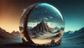 Generative AI, Alien planet, crystal ball with landscape, mountaints, stars Royalty Free Stock Photo