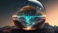 Generative AI, Alien planet, crystal ball with landscape, mountaints, stars Royalty Free Stock Photo
