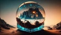 Generative AI, Alien planet, crystal ball with landscape, mountaints, stars Royalty Free Stock Photo