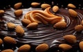 Almonds emerging from rippling dark chocolate waves, a concept blending indulgence with healthy nuts, suggesting luxury, richness Royalty Free Stock Photo