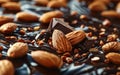 Almonds emerging from rippling dark chocolate waves, a concept blending indulgence with healthy nuts, suggesting luxury, richness Royalty Free Stock Photo