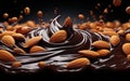 Almonds emerging from rippling dark chocolate waves, a concept blending indulgence with healthy nuts, suggesting luxury, richness Royalty Free Stock Photo