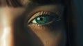 Generative AI Amazing female blue and green colored wide opened eye in low light technique closeup business concep Royalty Free Stock Photo