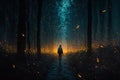 Generative AI. An amazing picture of the mystery person in the night forest. Deep and calm night concept