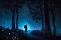 Generative AI. An amazing picture of the mystery person in the night forest. Deep and calm night concept