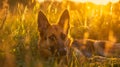 Generative AI amazing portrait of young crossbreed dog (german shepherd) during sunset in grass business concept. Royalty Free Stock Photo