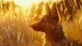 Generative AI amazing portrait of young crossbreed dog (german shepherd) during sunset in grass business concept. Royalty Free Stock Photo