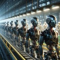 Generative AI android robot production line in a futuristic factory