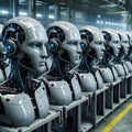 Generative AI android robot production line in a futuristic factory