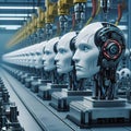 Generative AI android robot production line in a futuristic factory