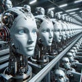Generative AI android robot production line in a futuristic factory