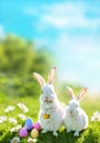 [Generative AI] Anthropomorphic rabbits standing on grass and holding a daisy flower with Easter eggs as present.