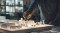 Generative AI Architect engineer pointing at architectural building prototype analyzing construction model on comp Royalty Free Stock Photo