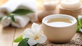 Generative AI Aromatherapy Bowl with White Flower and Natural Spa Elements in Relaxing Setting business concept. Royalty Free Stock Photo