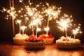 Birthday cake with candles, balloons and confetti on the table. Generative AI Royalty Free Stock Photo