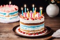 Birthday cake with candles, balloons and confetti on the table. Generative AI Royalty Free Stock Photo