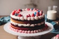 Birthday cake with candles, balloons and confetti on the table. Generative AI Royalty Free Stock Photo