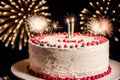 Birthday cake with candles, balloons and confetti on the table. Generative AI Royalty Free Stock Photo