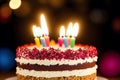 Birthday cake with candles, balloons and confetti on the table. Generative AI Royalty Free Stock Photo