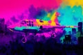 Airplane on colorful watercolor background. Airplane in the sky.Watercolor paint. Digital art, Generative AI Royalty Free Stock Photo