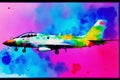 Airplane on colorful watercolor background. Airplane in the sky.Watercolor paint. Digital art, Generative AI Royalty Free Stock Photo