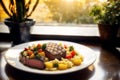 Beef steak with potatoes and vegetables on a white plate. Restaurant. Generative AI Royalty Free Stock Photo