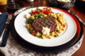 Beef steak with potatoes and vegetables on a white plate. Restaurant. Generative AI Royalty Free Stock Photo