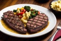 Beef steak with potatoes and vegetables on a white plate. Restaurant. Generative AI Royalty Free Stock Photo