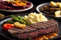 Beef steak with potatoes and vegetables on a white plate. Restaurant. Generative AI Royalty Free Stock Photo