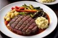 Beef steak with potatoes and vegetables on a white plate. Restaurant. Generative AI Royalty Free Stock Photo