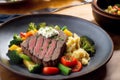Beef steak with potatoes and vegetables on a white plate. Restaurant. Generative AI Royalty Free Stock Photo