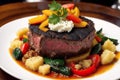 Beef steak with potatoes and vegetables on a white plate. Restaurant. Generative AI Royalty Free Stock Photo