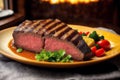 Beef steak with potatoes and vegetables on a white plate. Restaurant. Generative AI Royalty Free Stock Photo