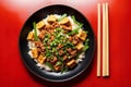 Chinese cuisine. Chinese food, sweet and sour pork in brown soy sauce served with rice. Generative AI Royalty Free Stock Photo