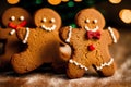 Christmas gingerbread cookies with icing sugar on the background of the Christmas tree. gingerbread man. Generative AI Royalty Free Stock Photo