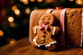 Christmas gingerbread cookies with icing sugar on the background of the Christmas tree. gingerbread man. Generative AI Royalty Free Stock Photo