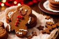 Christmas gingerbread cookies with icing sugar on the background of the Christmas tree. gingerbread man. Generative AI Royalty Free Stock Photo