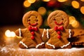 Christmas gingerbread cookies with icing sugar on the background of the Christmas tree. gingerbread man. Generative AI Royalty Free Stock Photo