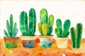 A colorful picture of a variety of cactuses. A colorful cactus painting. Watercolor paint. Digital art, Generative AI