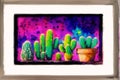 A colorful picture of a variety of cactuses. A colorful cactus painting. Watercolor paint. Digital art, Generative AI