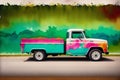 A colorful truck. A colorful painting of a truck with a rainbow. colored trailer. Watercolor paint. Digital art, Generative AI
