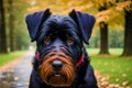 Cute Giant Schnauzer. Portrait of a beautiful Giant Schnauzer dog in the park. Generative AI