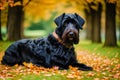 Cute Giant Schnauzer. Portrait of a beautiful Giant Schnauzer dog in the park. Generative AI