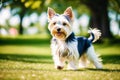 Cute purebred Australian Silky Terrier. Portrait of a beautiful Australian Silky Terrier dog playing in the park. Generative AI Royalty Free Stock Photo