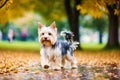 Cute purebred Australian Silky Terrier. Portrait of a beautiful Australian Silky Terrier dog playing in the park. Generative AI Royalty Free Stock Photo