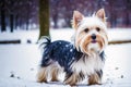 Cute purebred Australian Silky Terrier. Portrait of a beautiful Australian Silky Terrier dog playing in the park. Generative AI Royalty Free Stock Photo