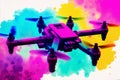 Drone quadcopter with digital camera on colorful background. Watercolor paint. Digital art, Generative AI Royalty Free Stock Photo