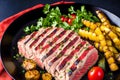 Grilled tuna fillet with grilled vegetables. grilled tuna steak. Hawaiian tuna poke bowl. Generative AI