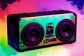 Grunge music background with boombox. Abstract colorful background. Watercolor paint. Digital art, Generative AI Royalty Free Stock Photo