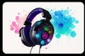 Headphones on a black background with colorful watercolor splashes.Watercolor paint. Digital art, Generative AI Royalty Free Stock Photo